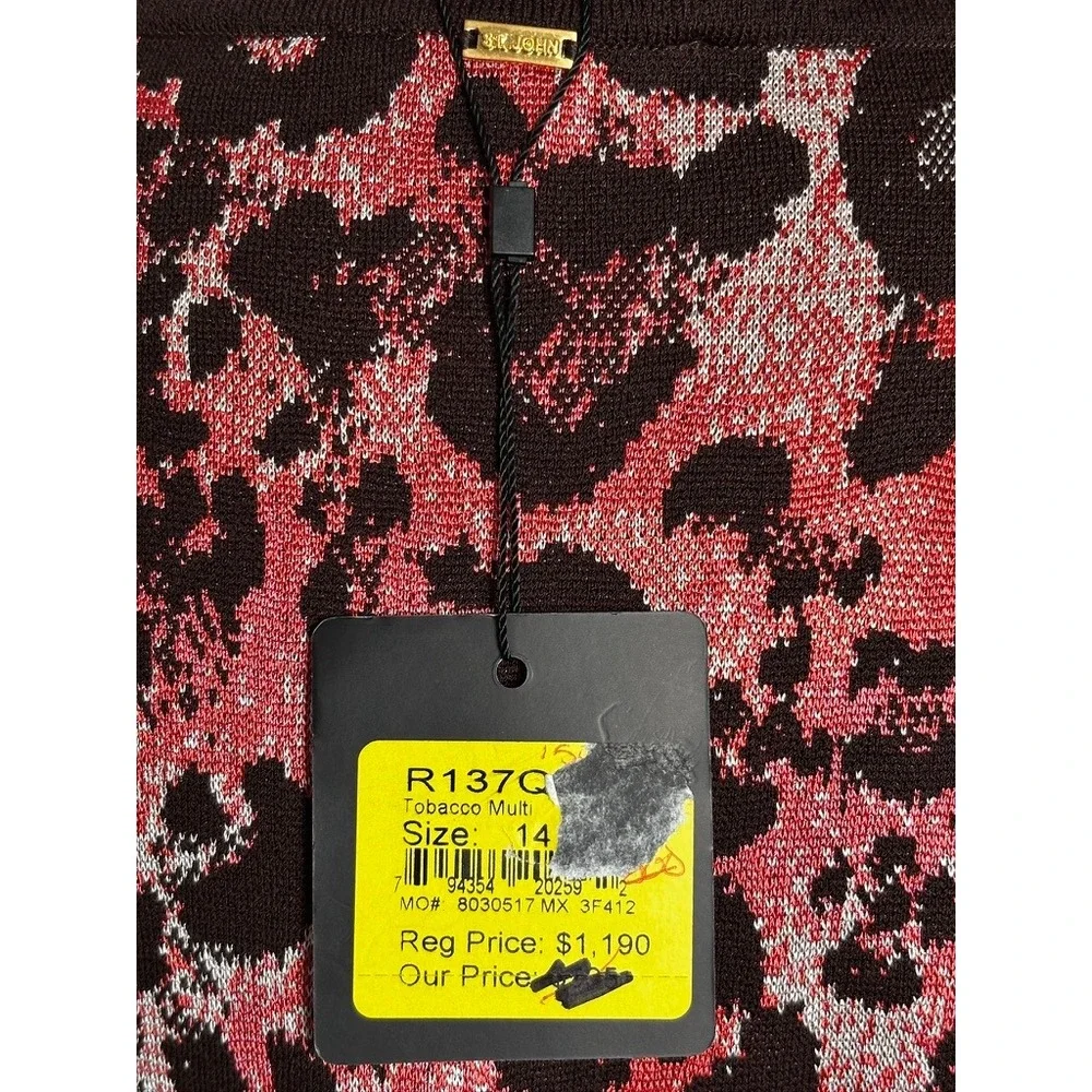 St‎ John Sport Knit Dress Size 14 Multi Leopard Print Knit VNeck Gold Detail NWT